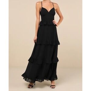 Lulus Captivating Class Black Lace Up Ruffle Tiered Maxi Dress size M